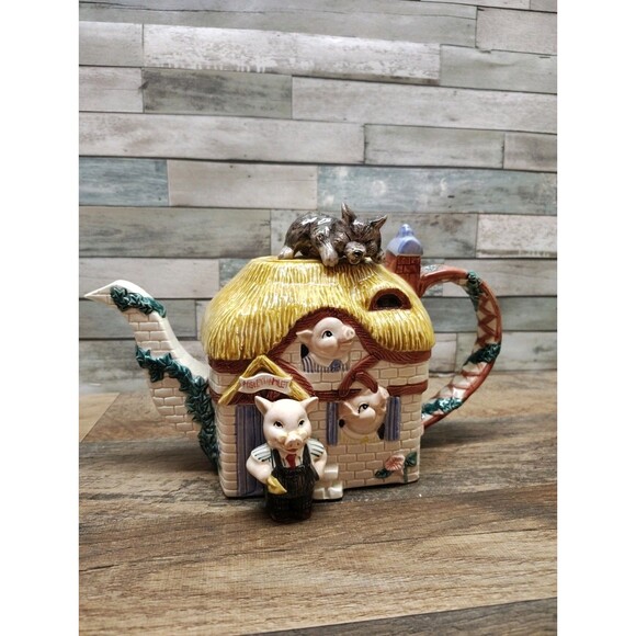 Fitz & Floyd Teapot Collectible Fables & Fairytales THREE LITTLE PIGS  #792/1500 - Picture 1 of 14